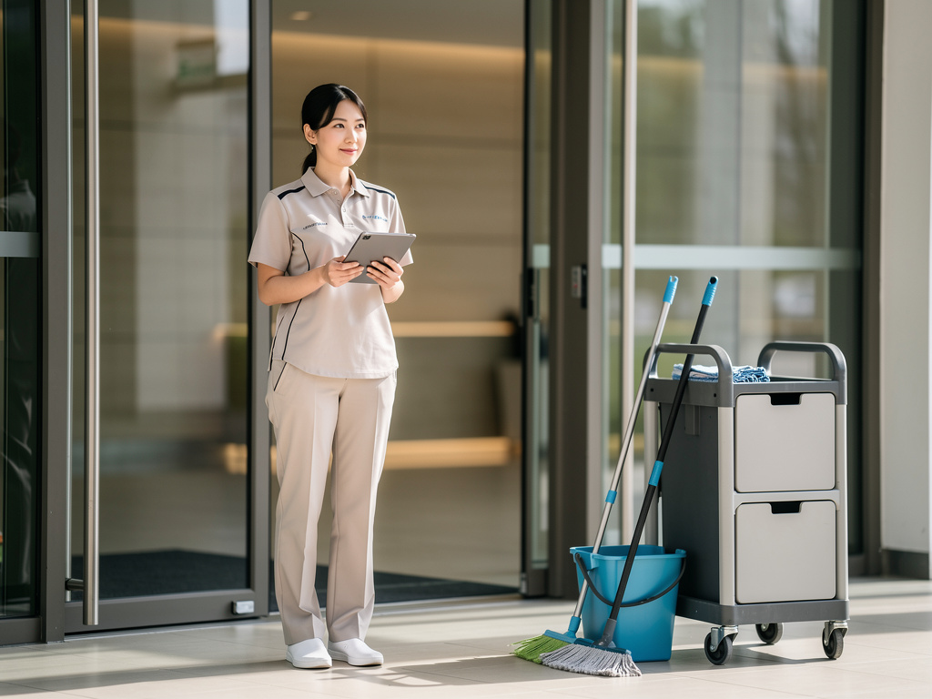 A single uniformed staff member at a building entrance holding a tablet, with cleaning and maintenance equipment nearby.