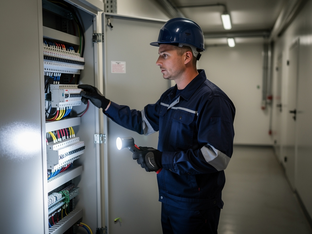 A uniformed technician inspecting an electrical panel with a flashlight in a building service corridor.