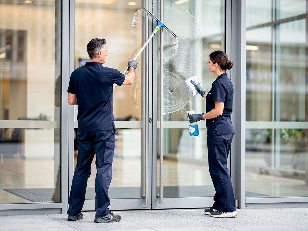 Two uniformed staff members cleaning glass doors at the entrance of a commercial building.