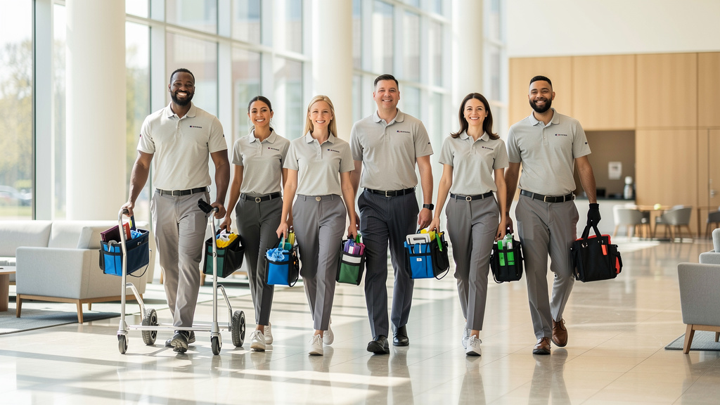 A uniformed facilities team walking together through a bright, modern building lobby with cleaning carts and tool bags.