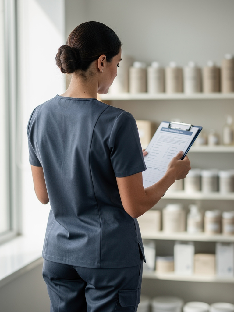 Seen from behind, a uniformed team member reviews a checklist on a clipboard in a clean service room with organized supp
